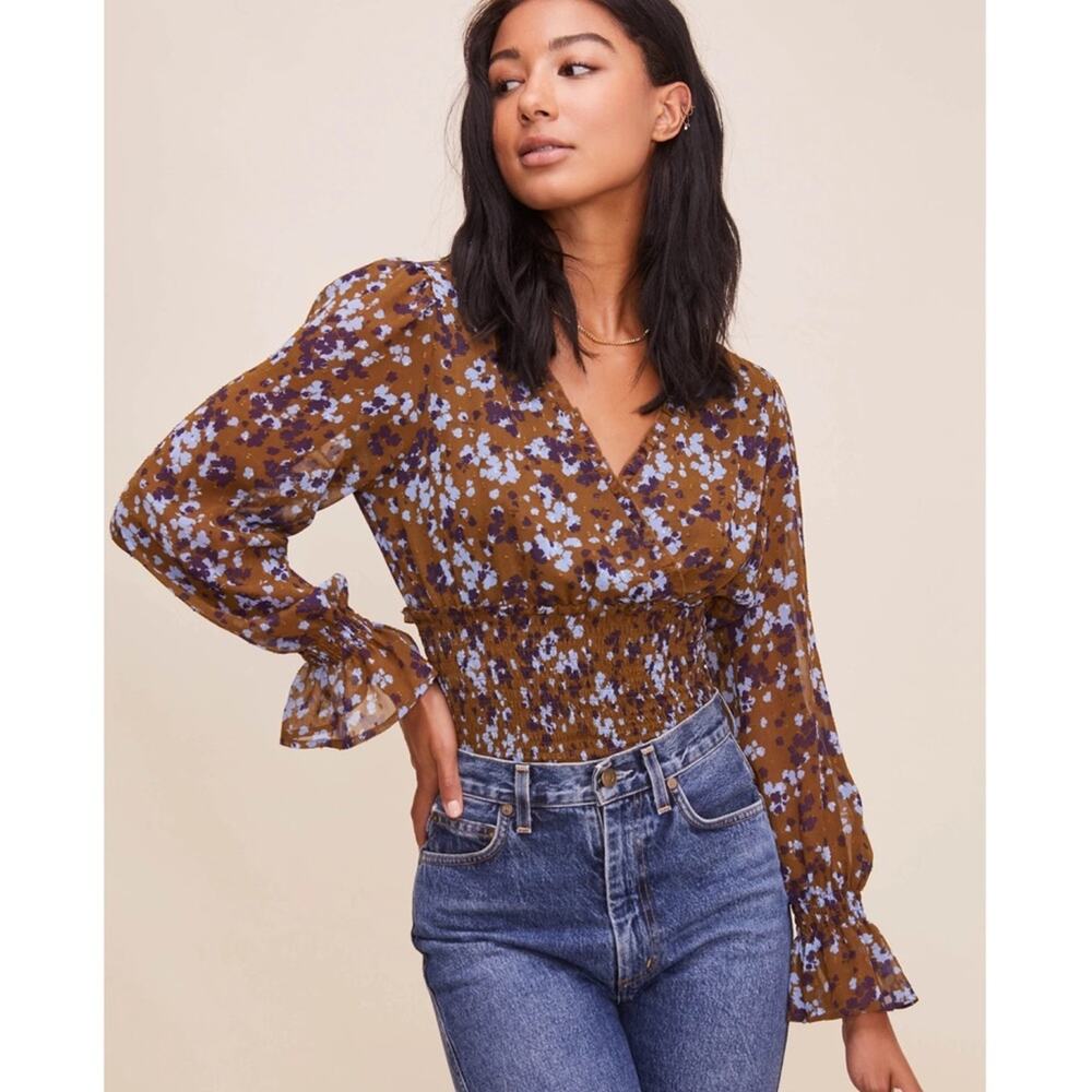 ASTR the Label Long Sleeve Smocked Waist Surplice Top